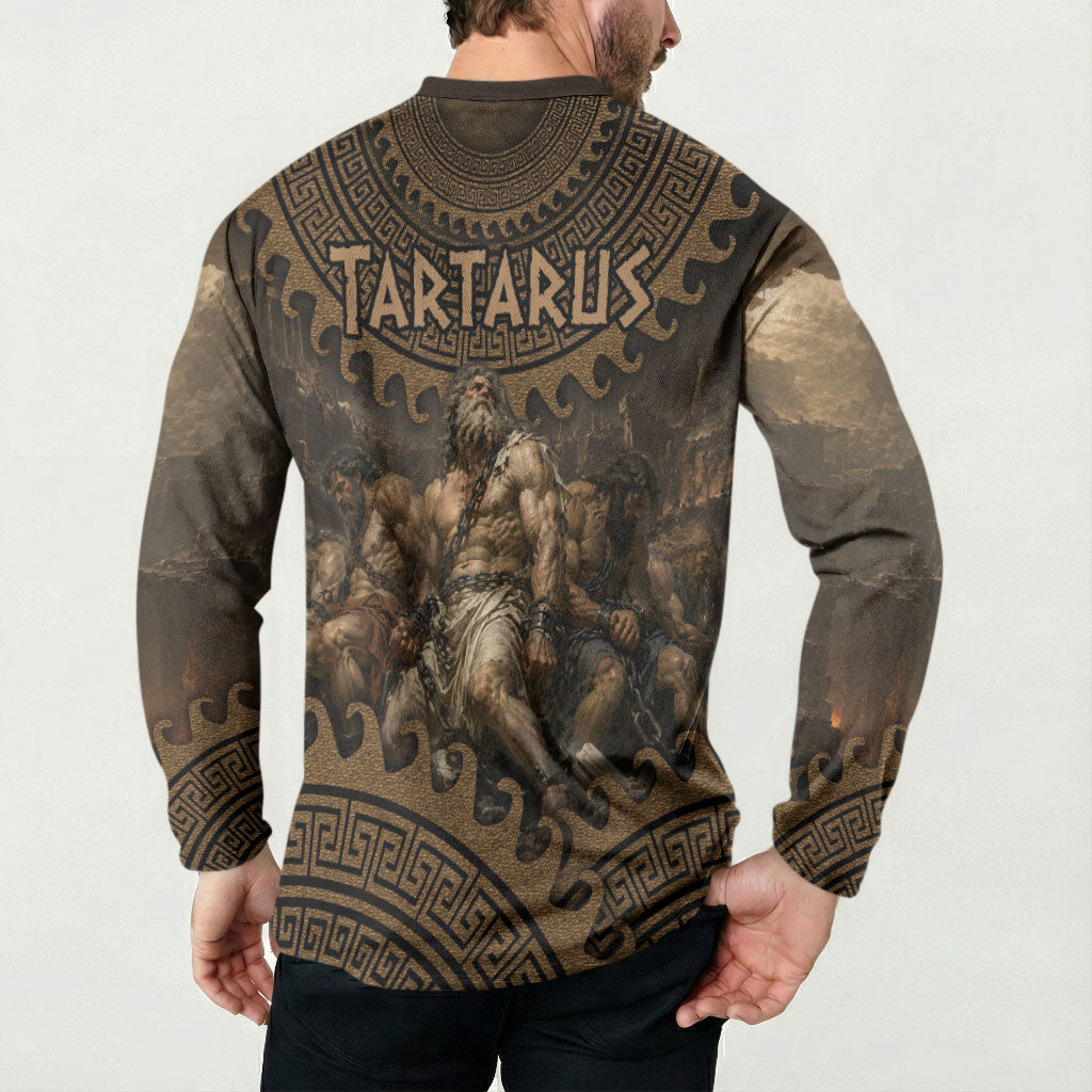 Greek Mythology Tartarus Button Sweatshirt Chained Titans Classical Art Greek Key Pattern