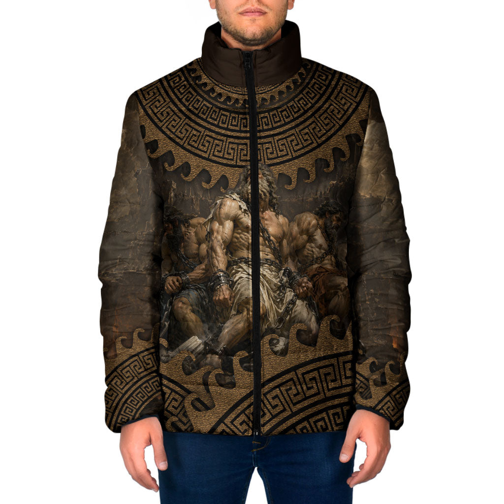 Greek Mythology Tartarus Padded Jacket Chained Titans Classical Art Greek Key Pattern