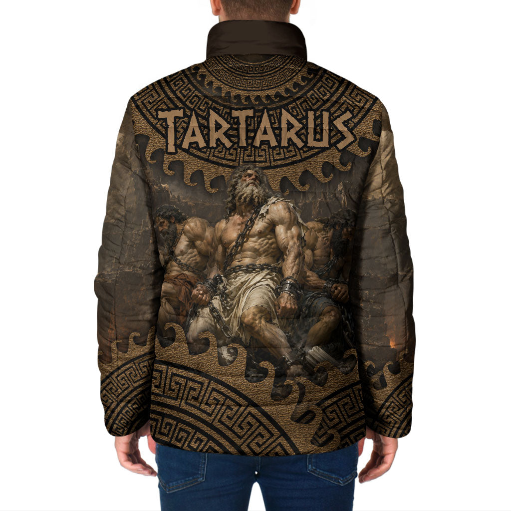 Greek Mythology Tartarus Padded Jacket Chained Titans Classical Art Greek Key Pattern