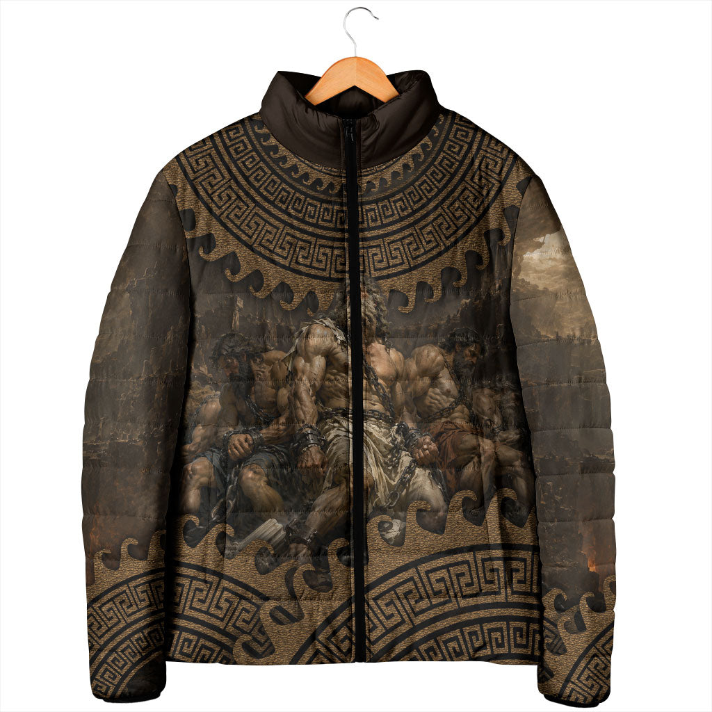 Greek Mythology Tartarus Padded Jacket Chained Titans Classical Art Greek Key Pattern