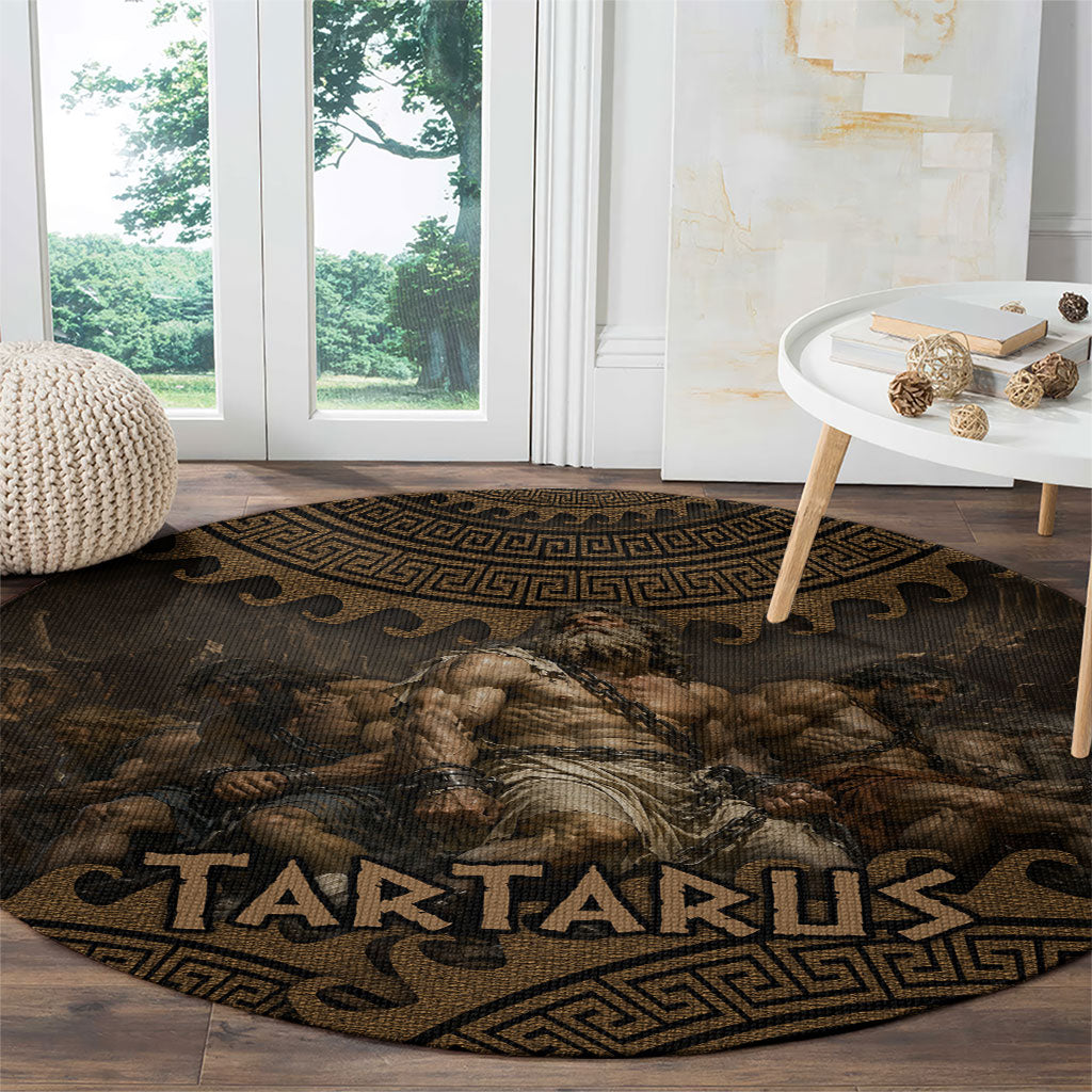 Greek Mythology Tartarus Round Carpet Chained Titans Classical Art Greek Key Pattern