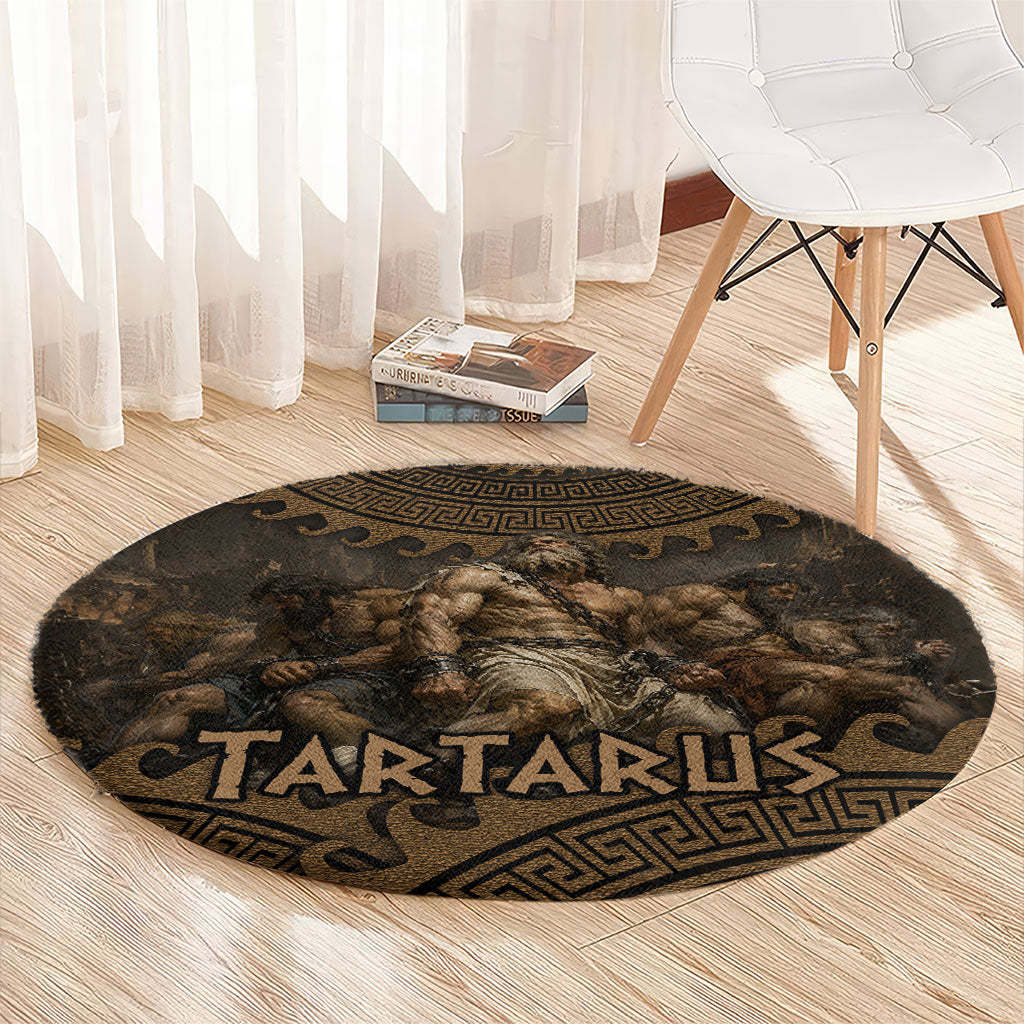 Greek Mythology Tartarus Round Carpet Chained Titans Classical Art Greek Key Pattern