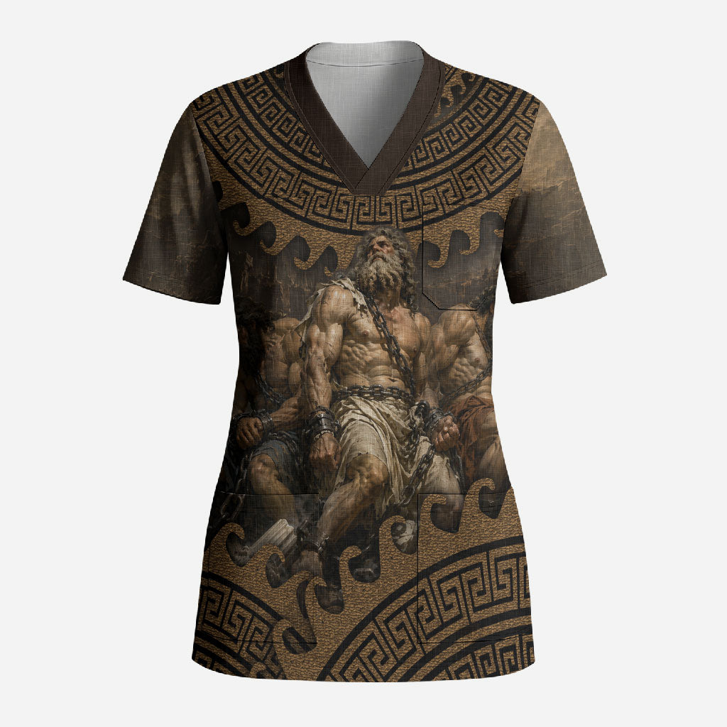Greek Mythology Tartarus Scrub Top Chained Titans Classical Art Greek Key Pattern
