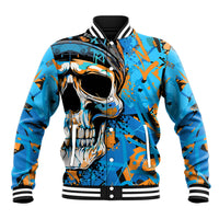 Multicolor skull graphic baseball jacket with striped ribbed collar and snap buttons