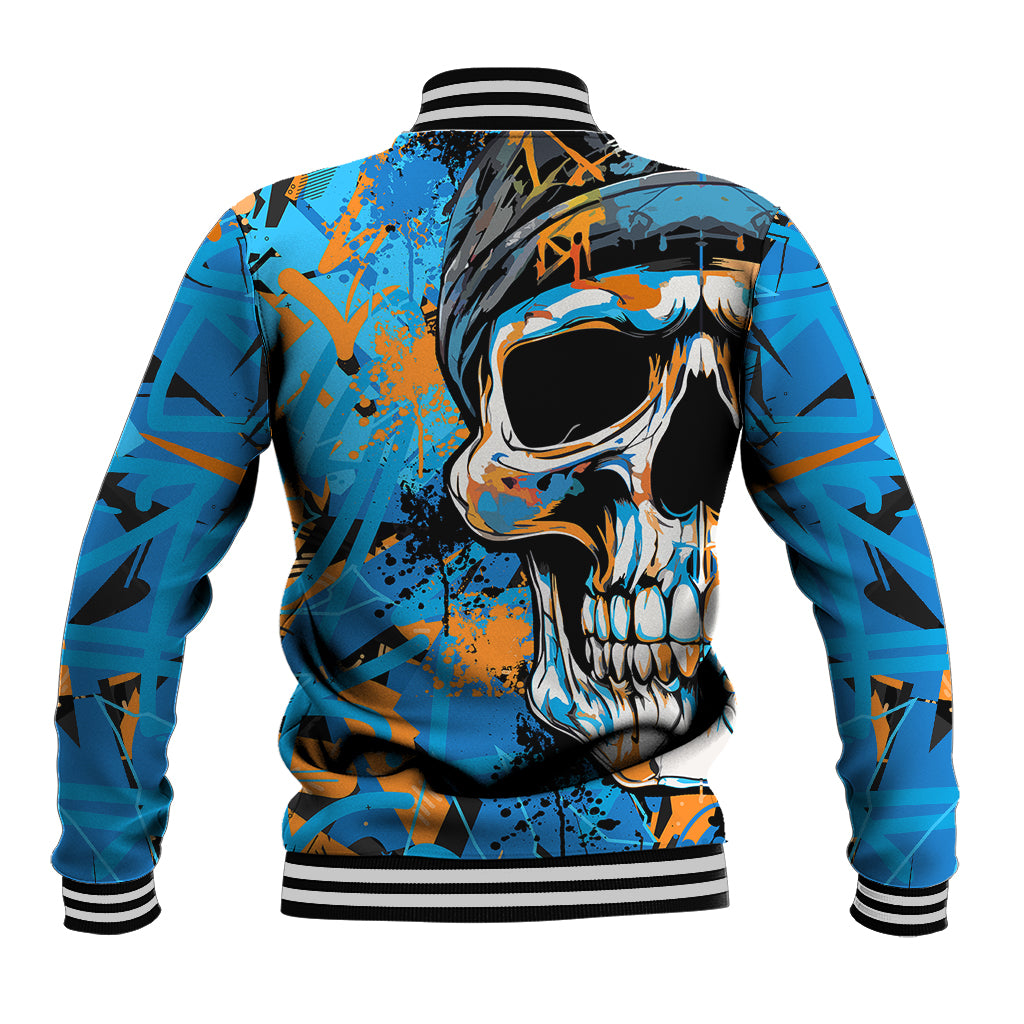 Multicolor skull graphic baseball jacket from back with striped ribbed cuffs and hem