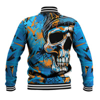 Multicolor skull graphic baseball jacket from back with striped ribbed cuffs and hem