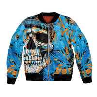 Multicolor skull graphic bomber jacket with front zipper and black ribbed cuffs