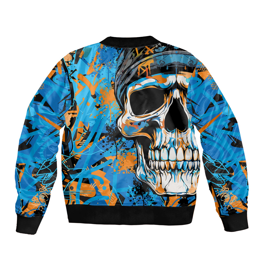 Multicolor bomber jacket with large skull face graphic and black ribbed hem