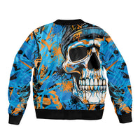 Multicolor bomber jacket with large skull face graphic and black ribbed hem