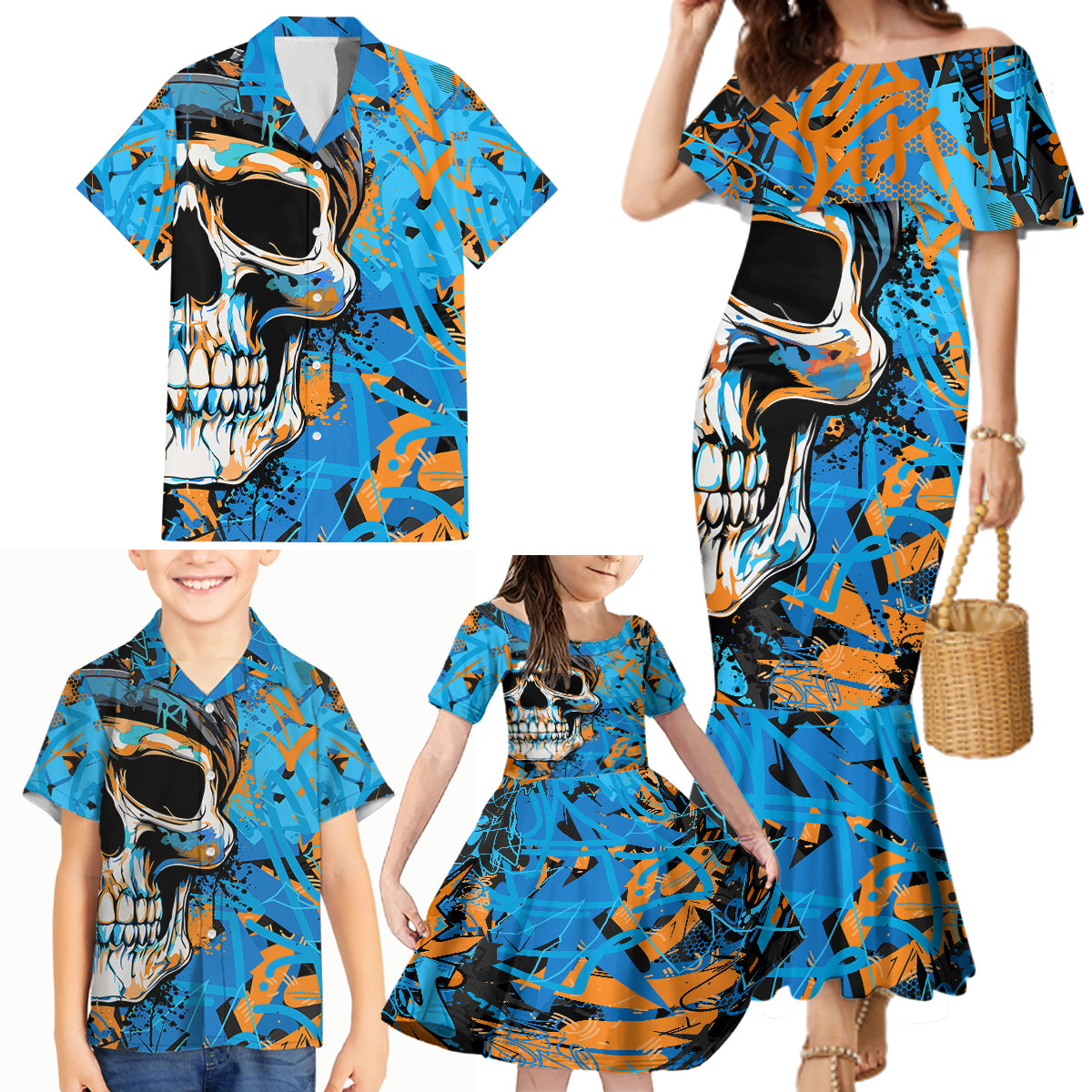 Grafity Skull Family Matching Mermaid Dress and Hawaiian Shirt Street Style Skull Colorful Abstract Art - Wonder Print Shop