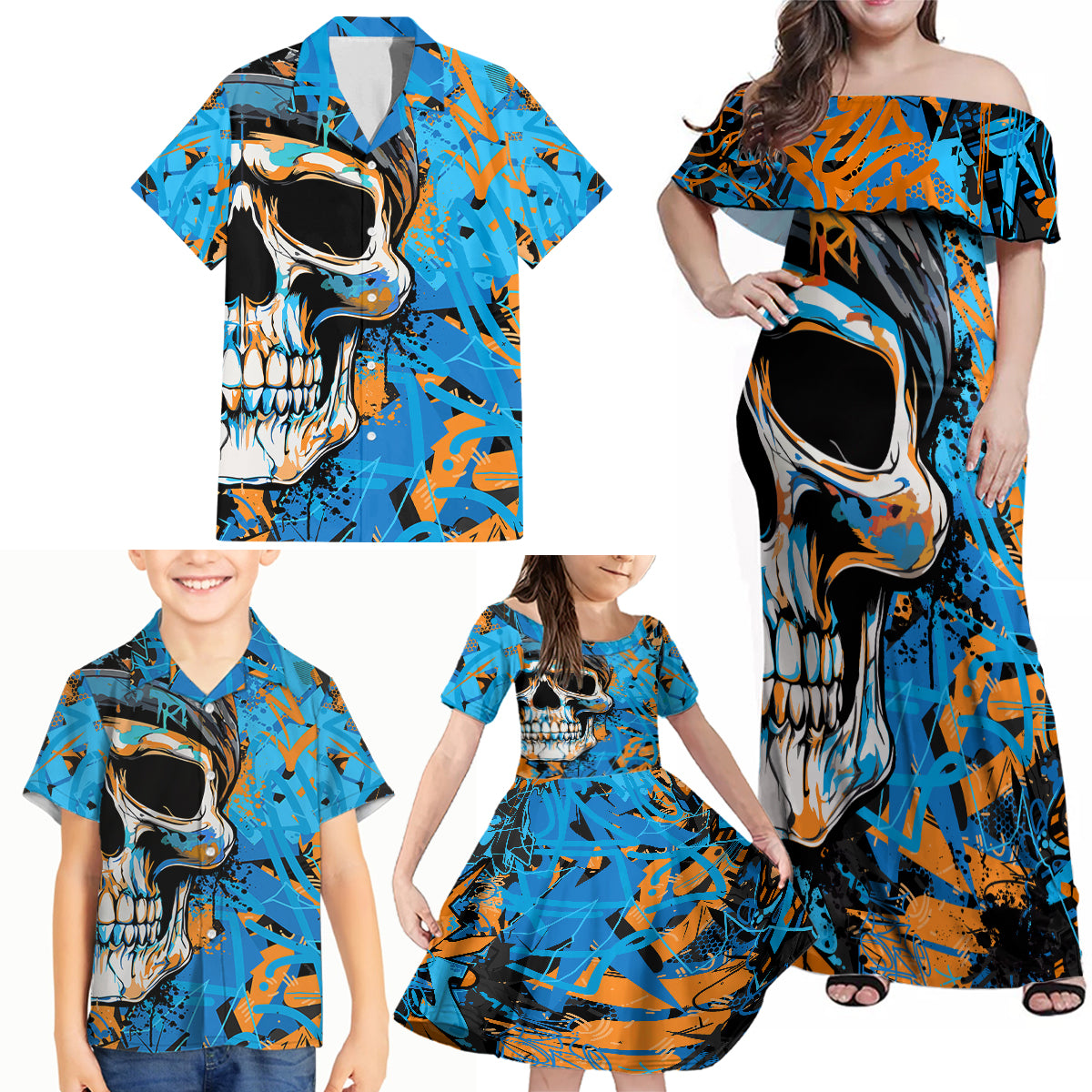 Grafity Skull Family Matching Off Shoulder Maxi Dress and Hawaiian Shirt Street Style Skull Colorful Abstract Art - Wonder Print Shop