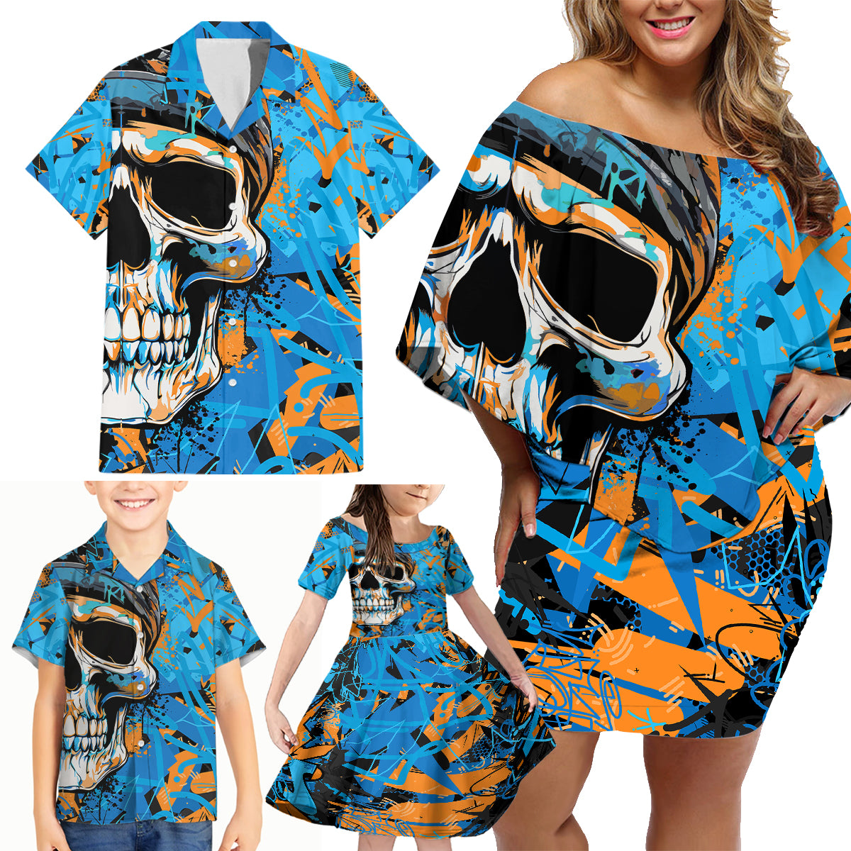 Grafity Skull Family Matching Off Shoulder Short Dress and Hawaiian Shirt Street Style Skull Colorful Abstract Art - Wonder Print Shop