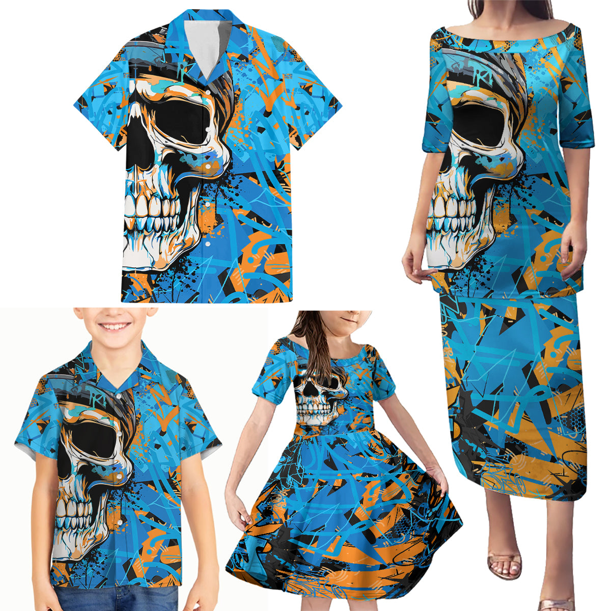 Grafity Skull Family Matching Puletasi Dress and Hawaiian Shirt Street Style Skull Colorful Abstract Art - Wonder Print Shop