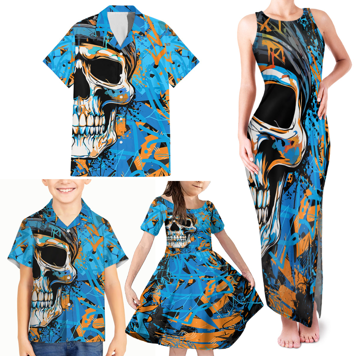 Grafity Skull Family Matching Tank Maxi Dress and Hawaiian Shirt Street Style Skull Colorful Abstract Art - Wonder Print Shop