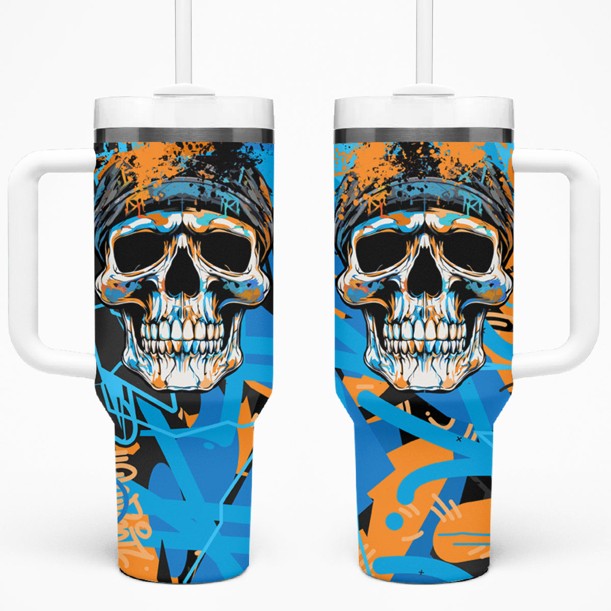 Grafity Skull Tumbler With Handle Street Style Skull Colorful Abstract Art