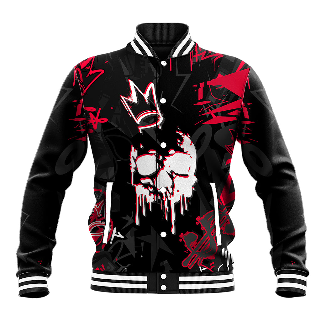 Black unisex baseball jacket with large red skull face graphic, button-front, striped trim