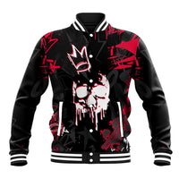 Black unisex baseball jacket with large red skull face graphic, button-front, striped trim