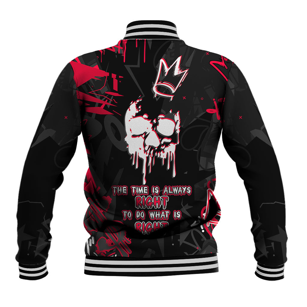 Black unisex baseball jacket with red skull graphic, striped ribbed collar and cuffs