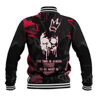 Black unisex baseball jacket with red skull graphic, striped ribbed collar and cuffs