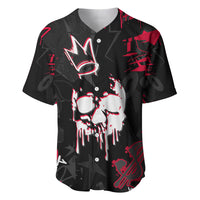 Black baseball jersey with crown skull graphic, red accents, and buttoned front