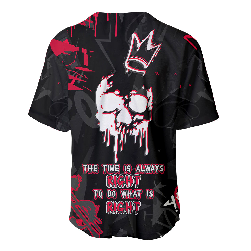 Black baseball jersey with large skull graphic and red slogan text on front