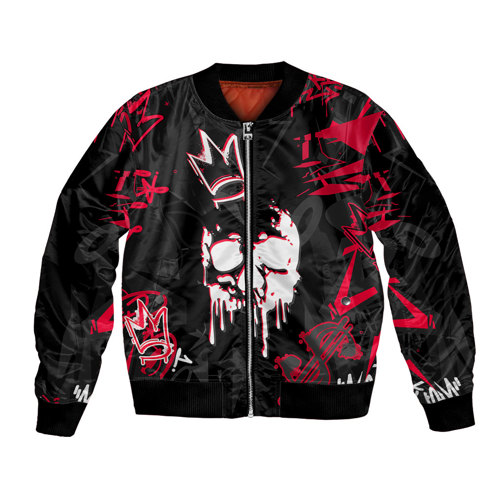 Black bomber jacket with red skull face print, zip-front, and ribbed cuffs