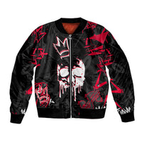 Black bomber jacket with red skull face print, zip-front, and ribbed cuffs