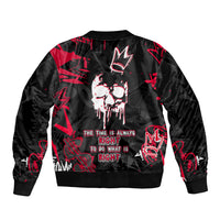 Black bomber jacket with red skull graphic and slogan text across the front