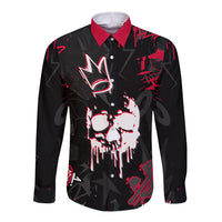 Black long-sleeve button shirt with red skull face graphic and pointed ear accents