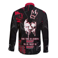 Black long-sleeve button shirt with red skull graphic and text, unisex fit