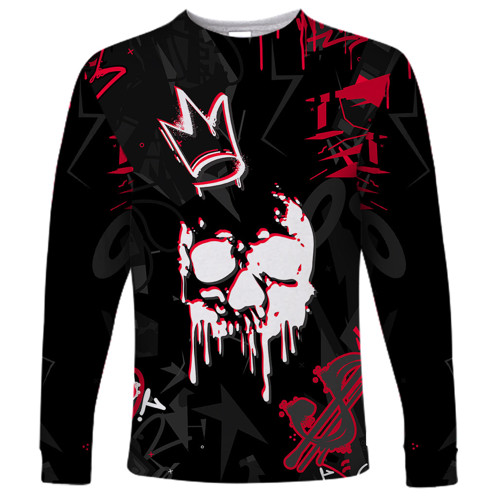 Black long sleeve shirt with skull face graphic in red and white