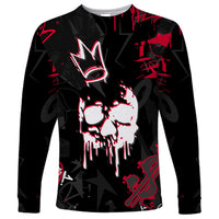 Black long sleeve shirt with skull face graphic in red and white