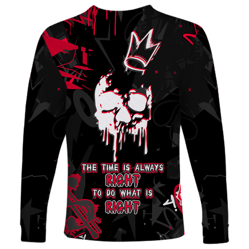 Black long sleeve shirt with skull graphic and red slogan