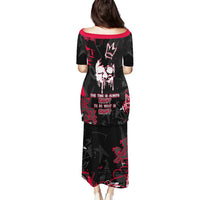 Black long off-shoulder dress with red skull graphic and short sleeves