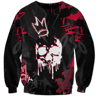 Unisex black sweatshirt with red-and-white skull graphic and abstract accents