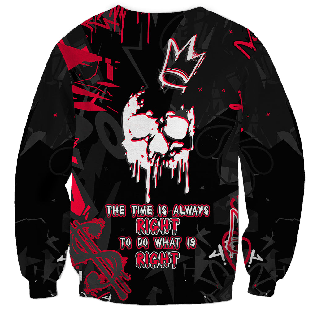 Unisex black sweatshirt with red skull graphic and slogan text on front