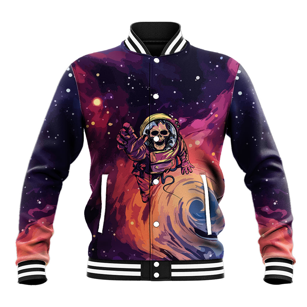 Multicolor baseball jacket with striped rib collar and astronaut skull graphic, front view