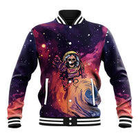 Multicolor baseball jacket with striped rib collar and astronaut skull graphic, front view