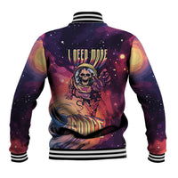 Multicolor baseball jacket with ribbed collar and cosmic astronaut skull print, back view