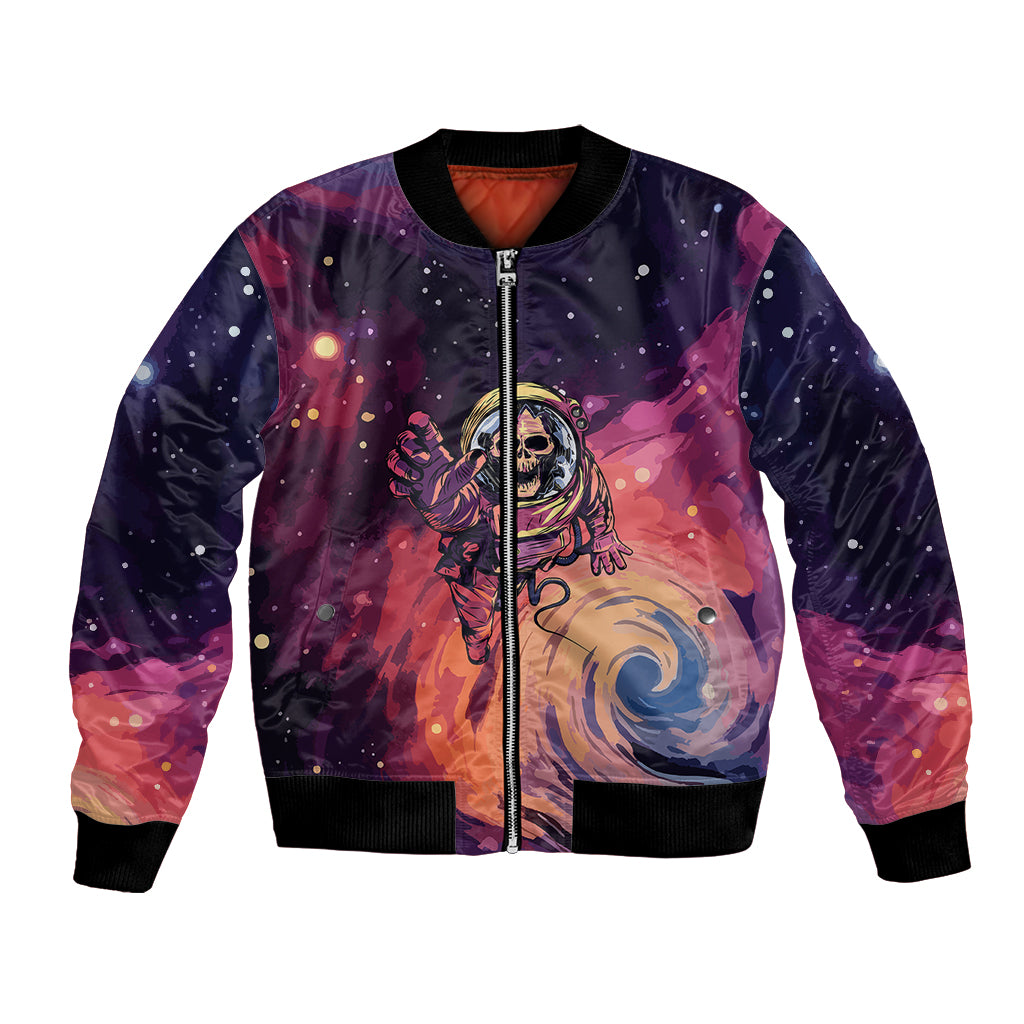 Multicolor space skull bomber jacket with front zipper and astronaut graphic, ribbed hem