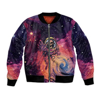 Multicolor space skull bomber jacket with front zipper and astronaut graphic, ribbed hem