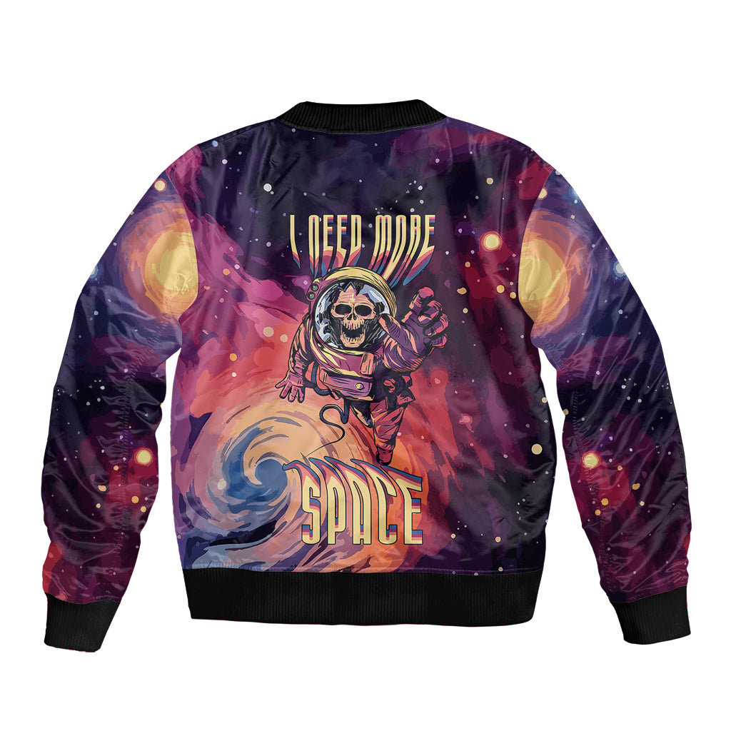Multicolor space skull bomber jacket with astronaut graphic and ribbed cuffs, back view
