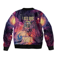 Multicolor space skull bomber jacket with astronaut graphic and ribbed cuffs, back view