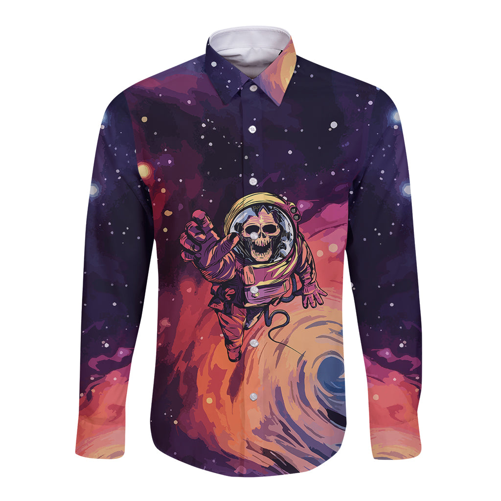 Long-sleeve button shirt, dark cosmic print with astronaut skull graphic on front