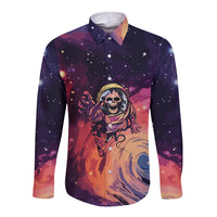 Long-sleeve button shirt, dark cosmic print with astronaut skull graphic on front