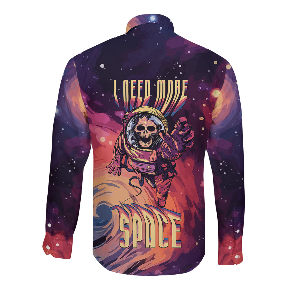 Long-sleeve button shirt, dark cosmic print with astronaut skull and SPACE text on back