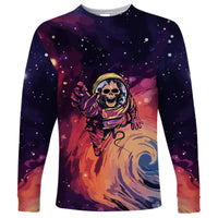 Unisex long sleeve cosmic shirt with skull astronaut and flame wave, purple red multicolor