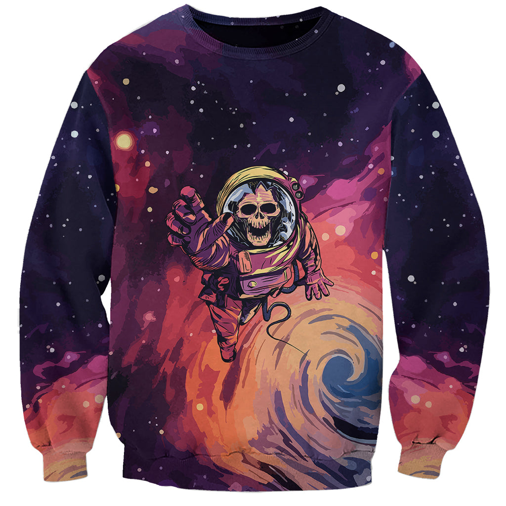 Skull astronaut sweatshirt with 'SPACE' graphic and starry space background