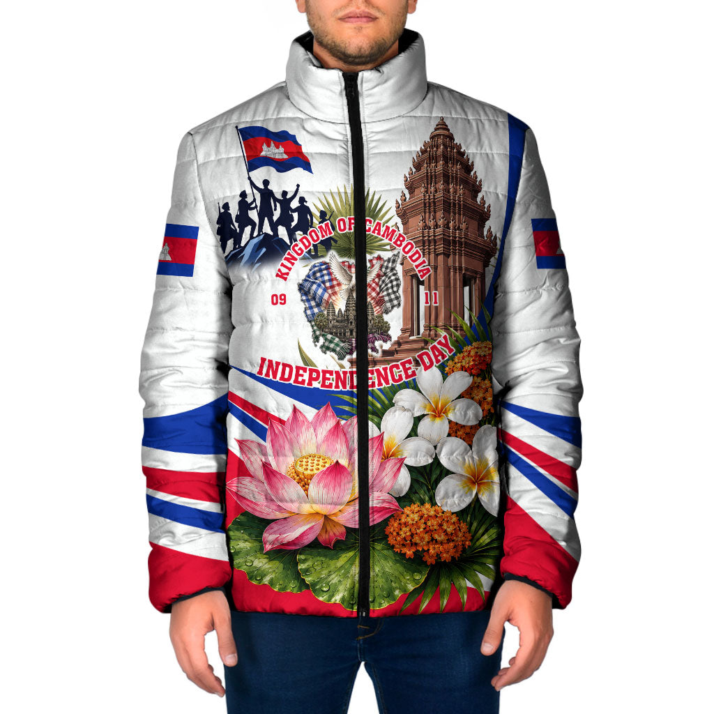 Kingdom Of Cambodia Independence Day Padded Jacket Angkor Wat Monument Floral Flag