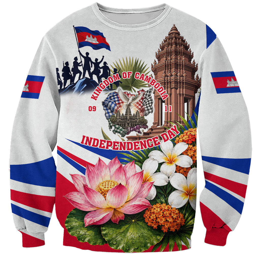 Kingdom Of Cambodia Independence Day Sweatshirt Angkor Wat Monument Floral Flag